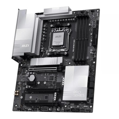 Scheda madre ATX MSI PRO X870E-P WIFI dal design nero minimale e professionale, con dissipatori piatti e antenne Wi-Fi 7.