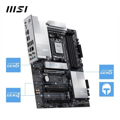 Scheda madre ATX MSI PRO X870E-P WIFI dal design nero minimale e professionale, con dissipatori piatti e antenne Wi-Fi 7.