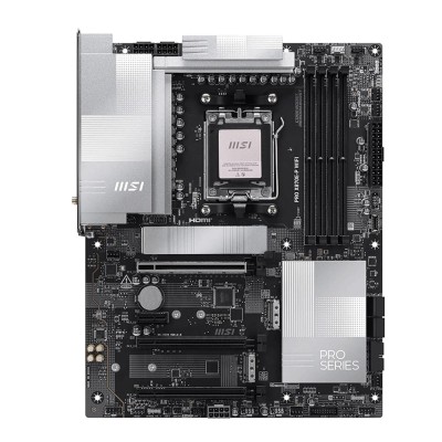 Scheda madre ATX MSI PRO X870E-P WIFI dal design nero minimale e professionale, con dissipatori piatti e antenne Wi-Fi 7.
