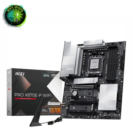Scheda madre ATX MSI PRO X870E-P WIFI dal design nero minimale e professionale, con dissipatori piatti e antenne Wi-Fi 7.