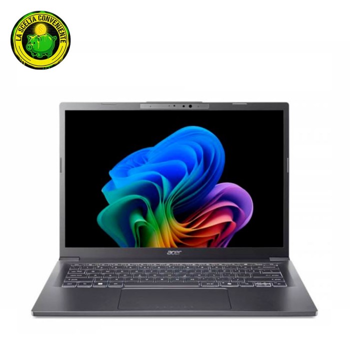 Notebook Acer Aspire 14 AI nero sottile con display OLED e tasto Copilot sulla tastiera.