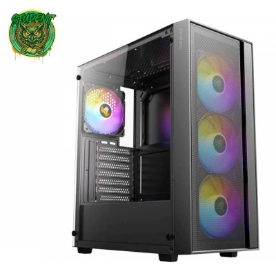 Case da gaming Antec AX65 ARGB nero con frontale full mesh e ventole ARGB in funzione, visto da un'angolazione di tre quarti.